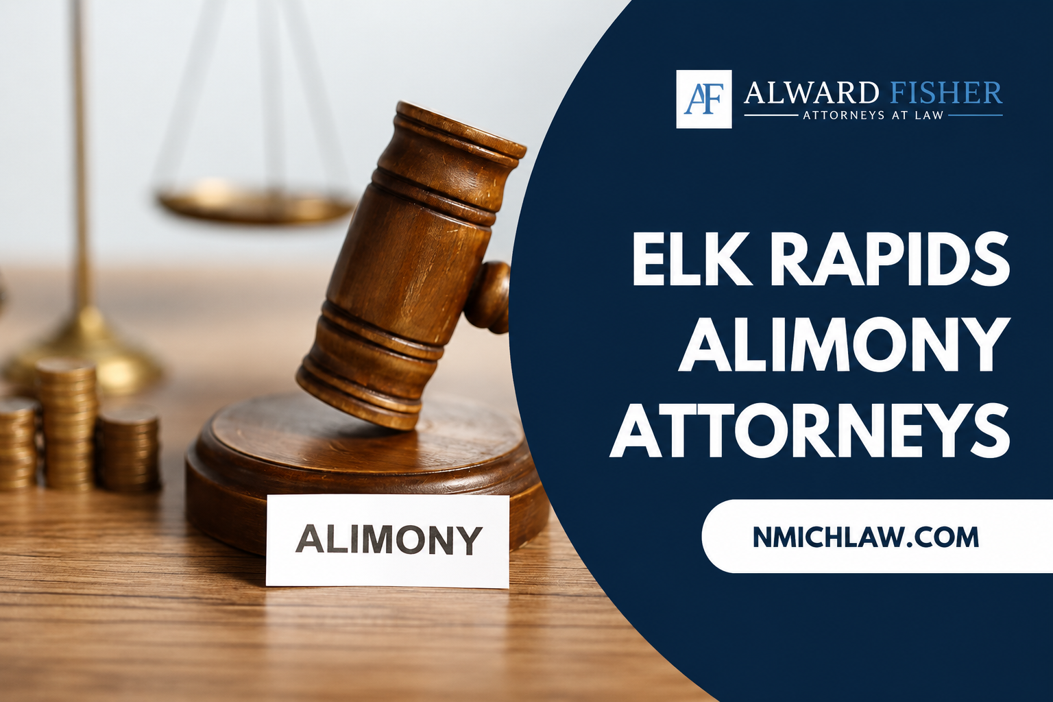 Judge's gavel beside scales of justice and stacked coins, symbolizing alimony and financial support in divorce cases.
