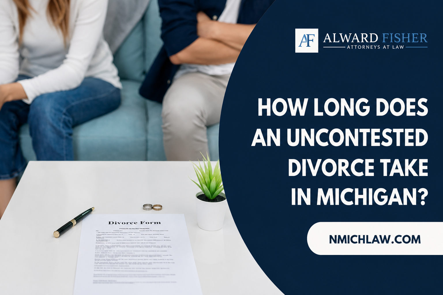 A couple sits apart on a couch, arms crossed, with a divorce form, pen, rings, and plant on a table in front. The mood is tense and somber.